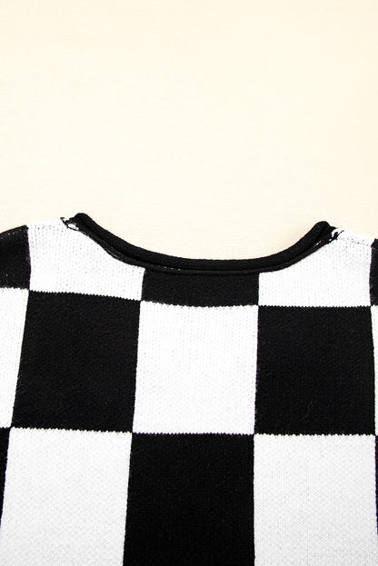 Green Checked Notched Neckline Drop Shoulder Knit Sweater