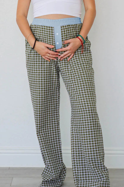 Brown Plaid Button High Waist Patchwork Pants