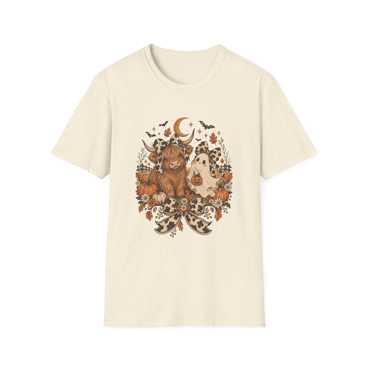 Halloween Highland Cow & Ghost T-Shirt — Cute Autumn Pumpkin Moon Design