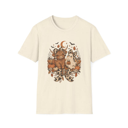 Halloween Highland Cow & Ghost T-Shirt — Cute Autumn Pumpkin Moon Design
