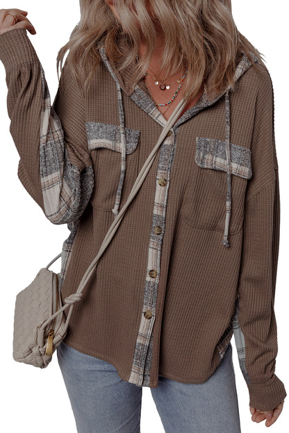Brown Plaid Patchwork Button Down Drawstring Hooded Shacket