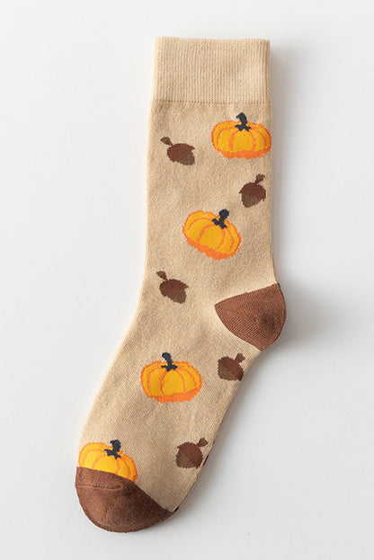 Parchment Pumpkin & Acorn Pattern Combed Cotton Crew Socks