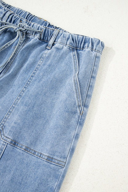 Prussian Blue Drawstring Seam Detail Raw Hem Wide Leg Jeans