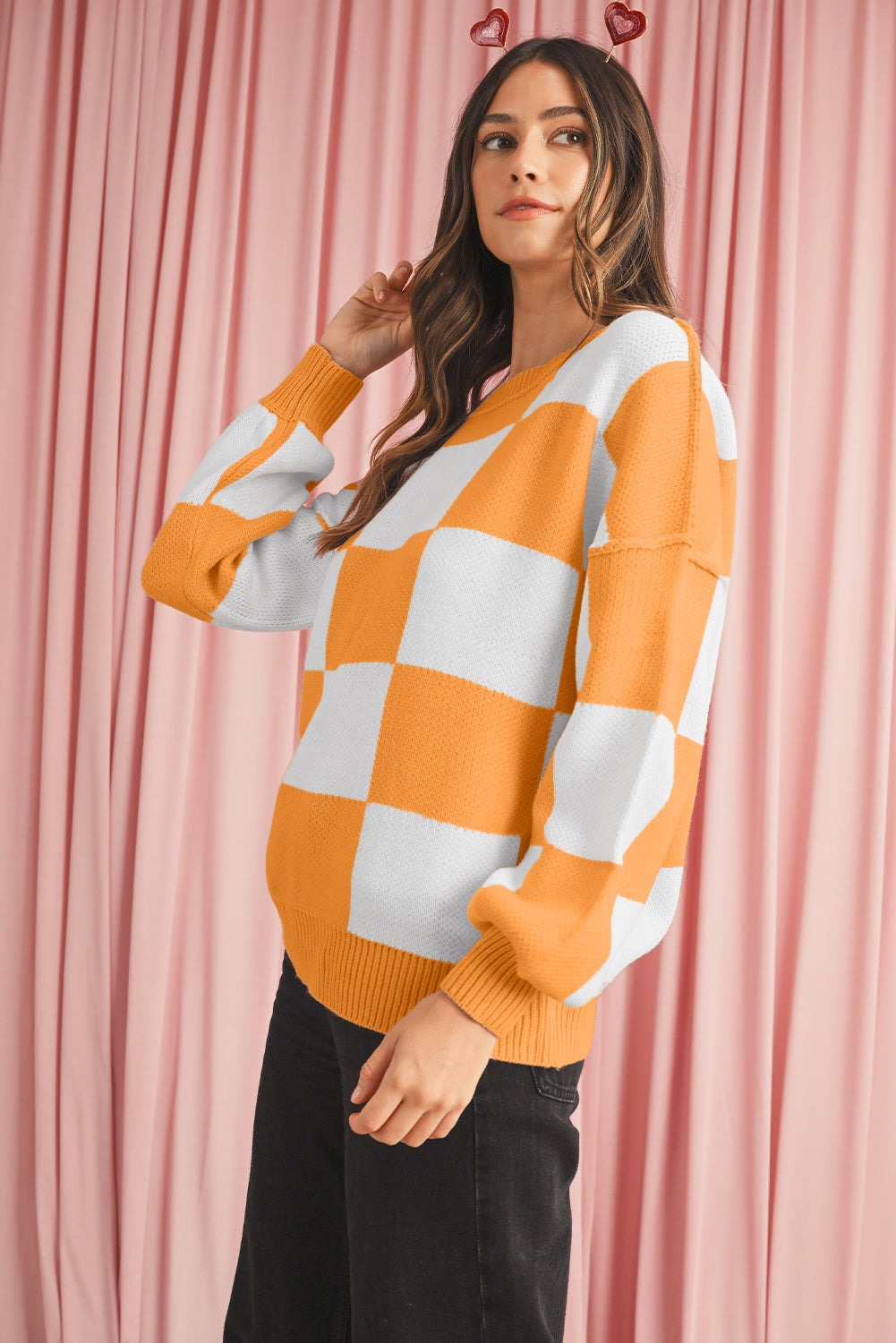 Dark Brown Plaid Bishop Sleeve Pullover Sweater
