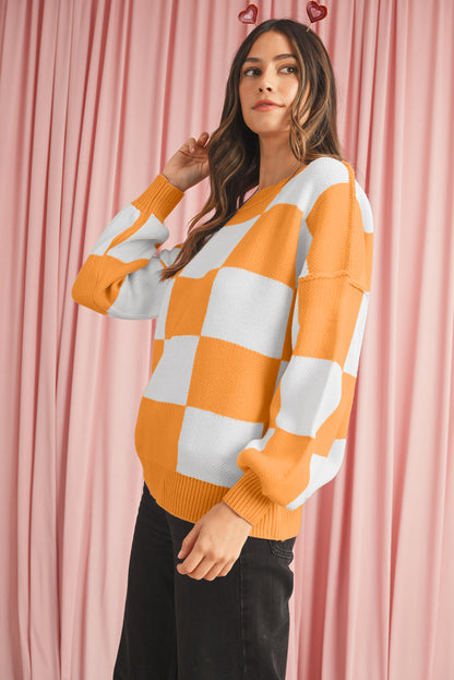 Dark Brown Plaid Bishop Sleeve Pullover Sweater
