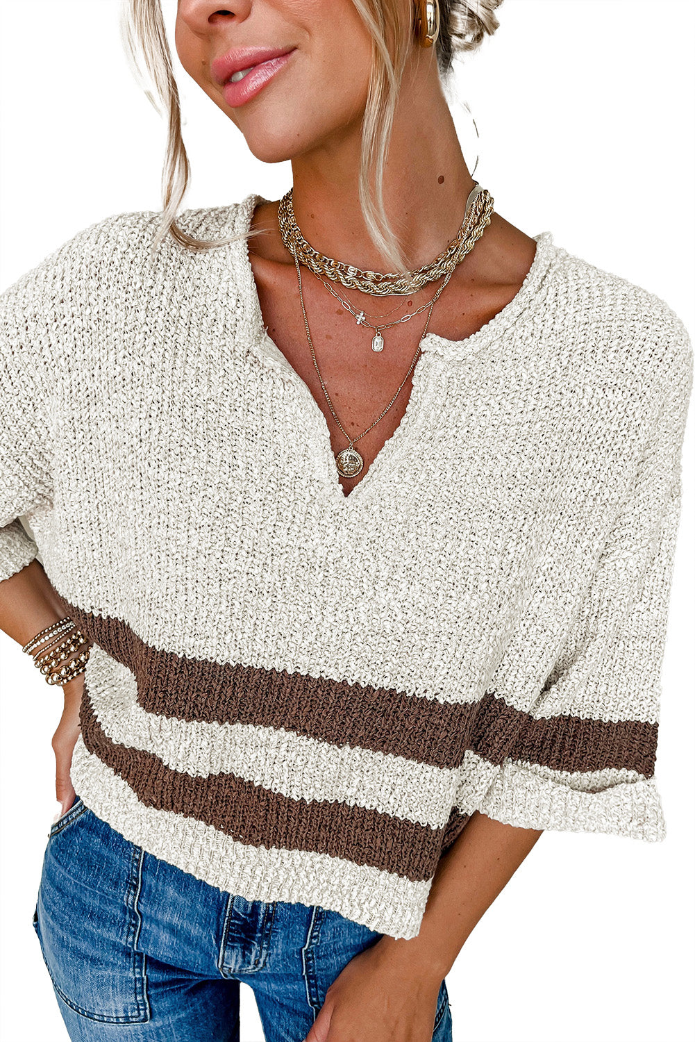 Brown Stripe Cropped Drop Sleeve Sweater