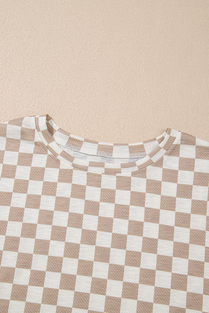 Brown Checkerboard T Shirt and High Waist Skort Set