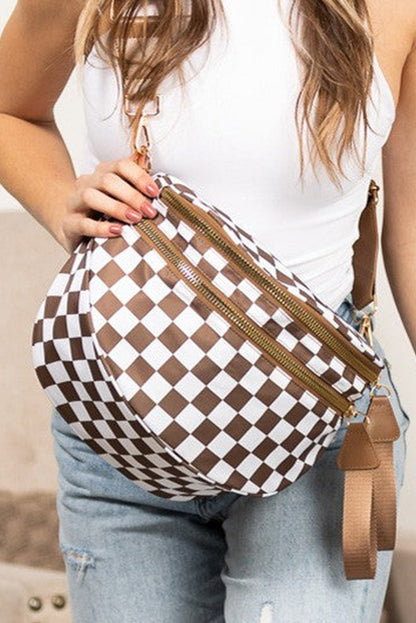 Chicory Coffee Checkered Print Wide Strap Large Crossbody Bag