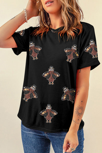 Khaki Turkey Sequin Patch Application Round Neck Graphic Tee