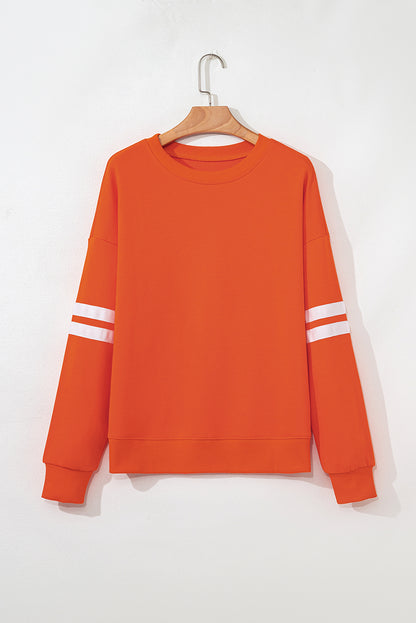 Coffee Preppy Striped Sleeve Loose Sweatshirt