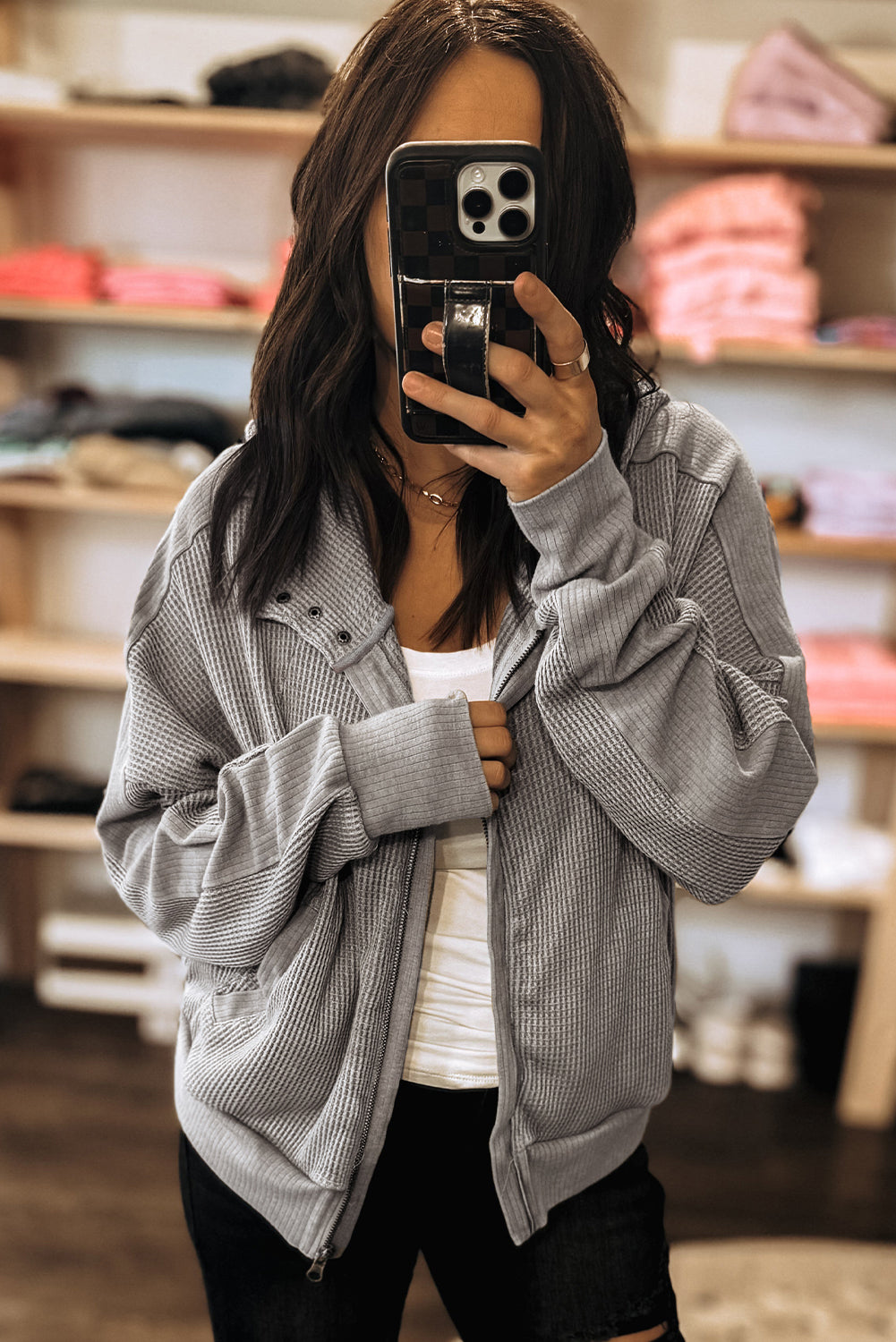 Gray Waffle Splicing Zip Up Front Button Hooded Jacket