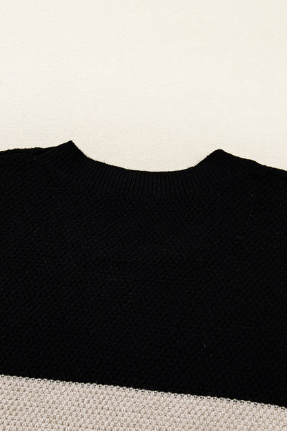 Dark Brown Colorblock Striped Sleeve Detail Knit Sweater