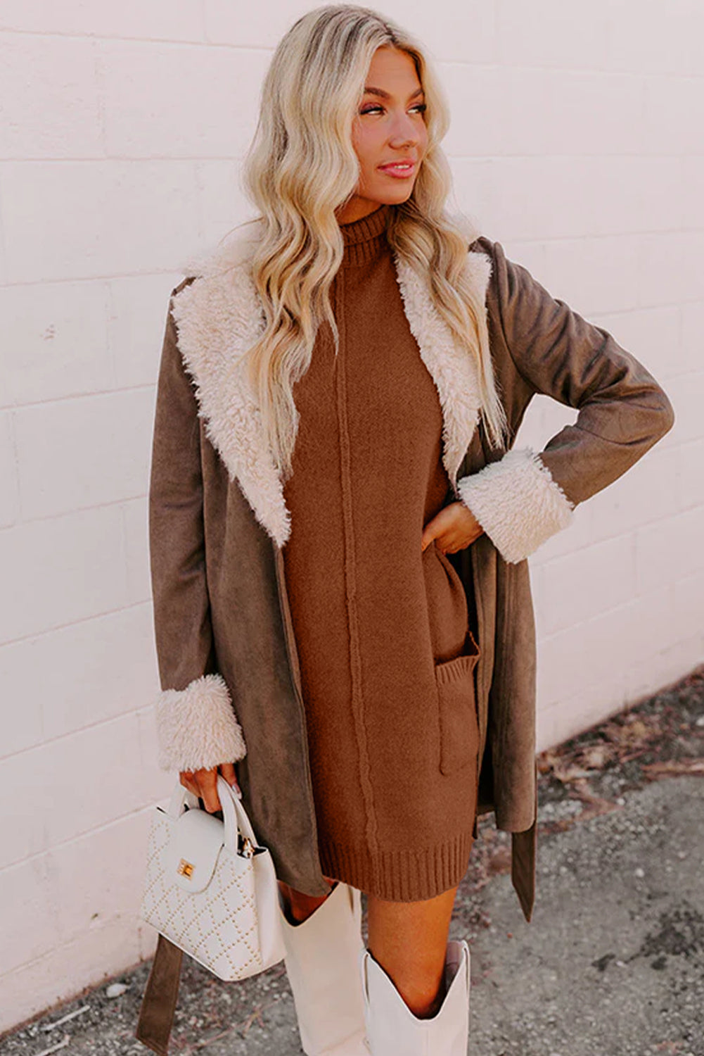 Chestnut Ribbed High Neck Front Pockets Center Seam Shift Sweater Dress