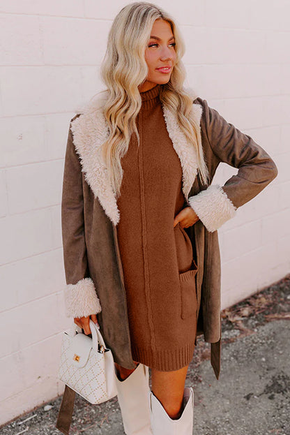 Chestnut Ribbed High Neck Front Pockets Center Seam Shift Sweater Dress