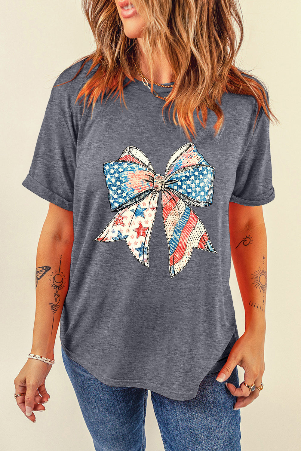 Gray USA Flag Bow Heat Transfer Printing Round Neck Loose T Shirt
