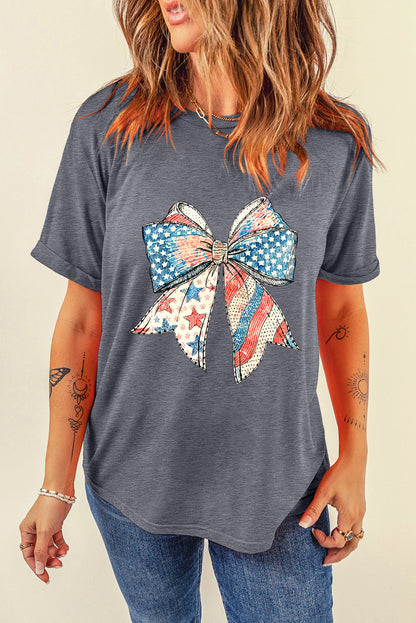 Gray USA Flag Bow Heat Transfer Printing Round Neck Loose T Shirt