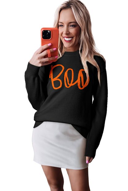 Black Halloween Boo Drop Shoulder Knit Sweater