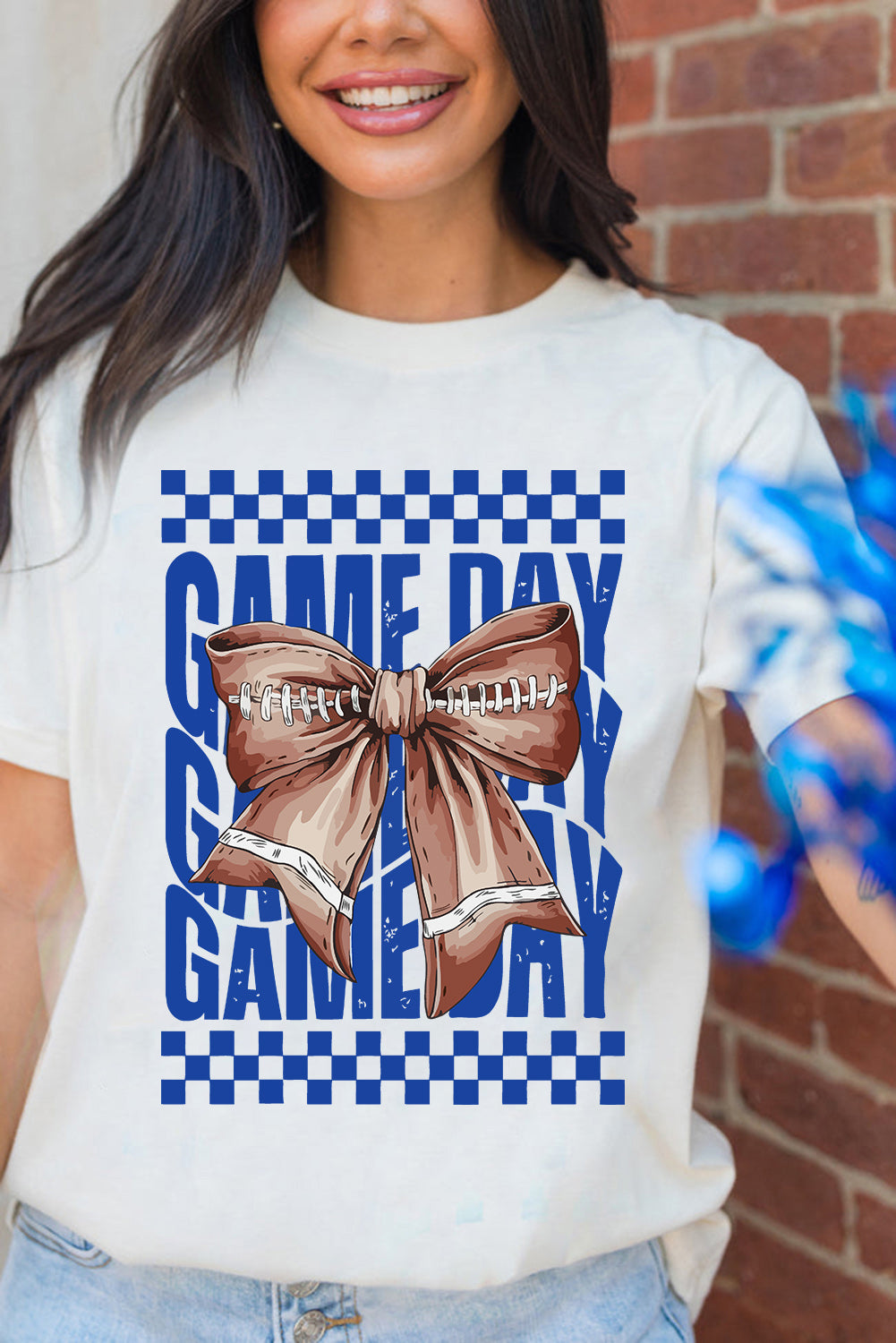 White Football Bow Heat Transfer Printing Game Day Crewneck T Shirt