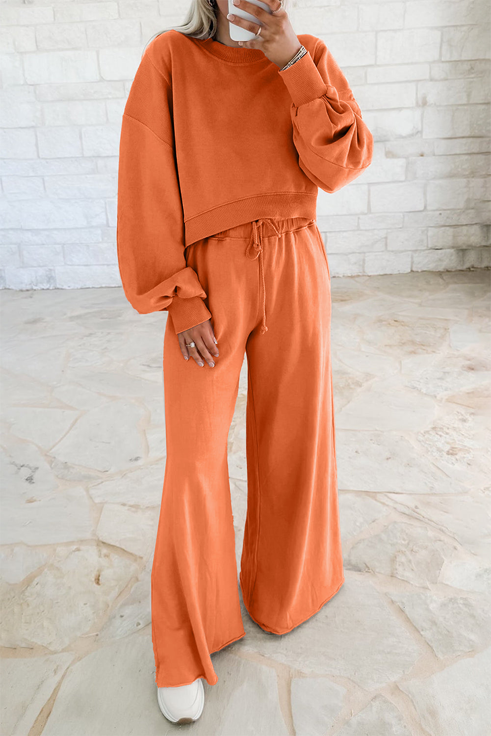 Yellow Cream Drop Shoulder Crop Pullover Drawstring Wide Leg Pants Set