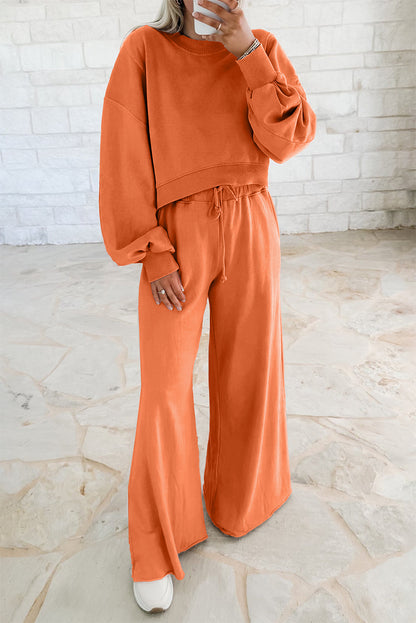 Yellow Cream Drop Shoulder Crop Pullover Drawstring Wide Leg Pants Set