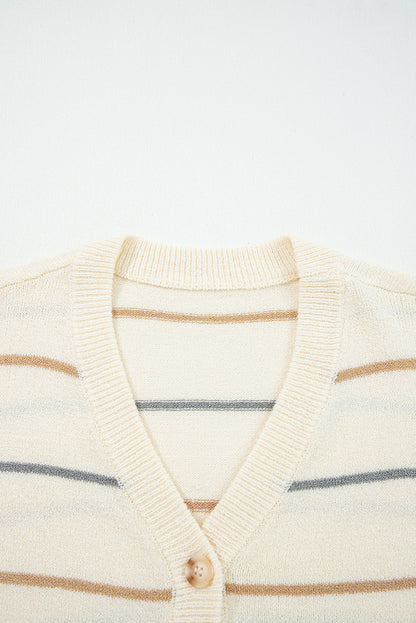 Multicolour Striped Buttoned Front V Neck Drop Shoulder Cardigan