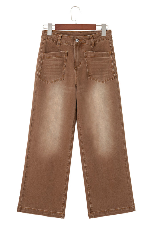 Brown Minimalist Patch Pocket High Waist Shift Jeans