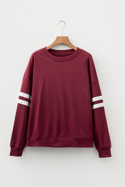 Coffee Preppy Striped Sleeve Loose Sweatshirt