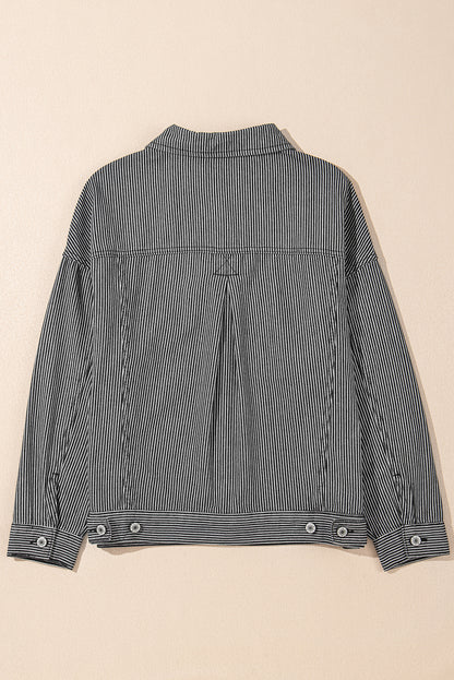 Blue Stripe Washed Oversized Pocketed Denim Jacket