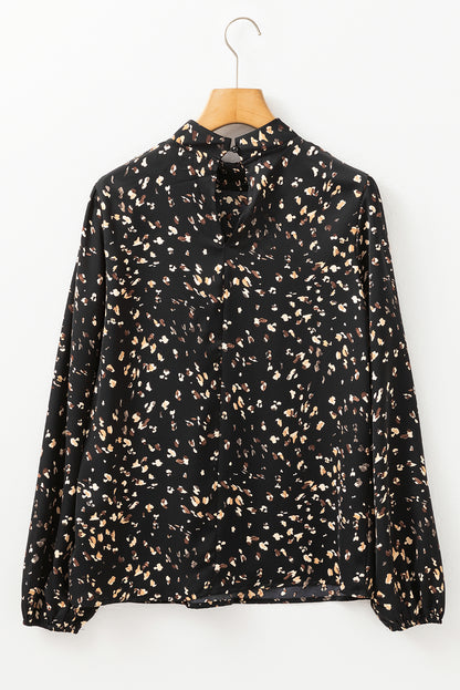 White Leopard Print Puff Sleeve Mock Neck Pleated Blouse