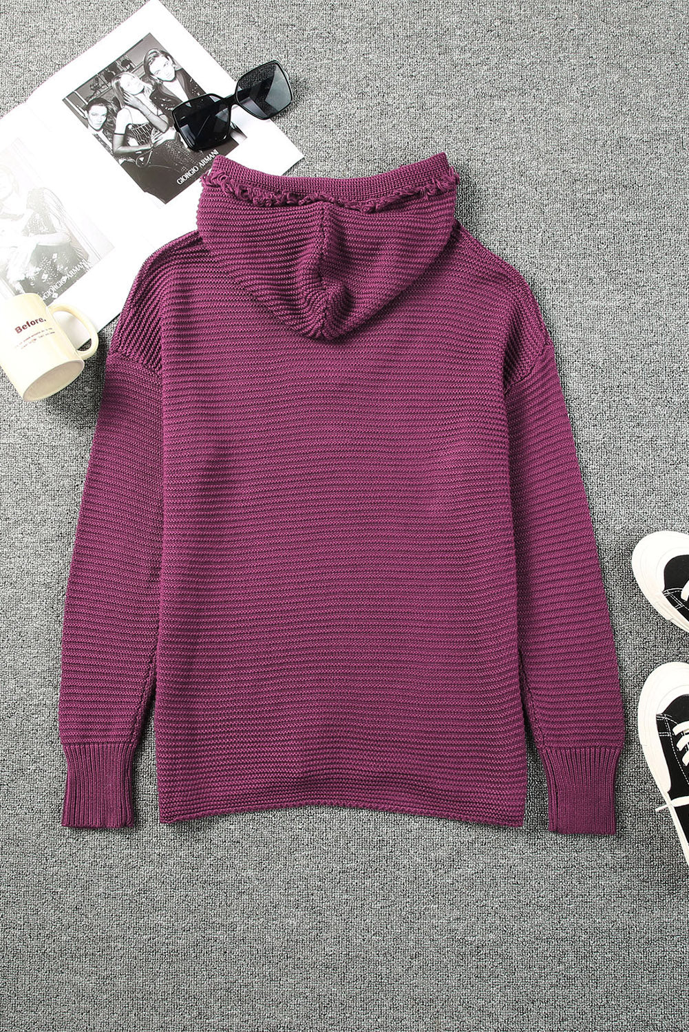 Black Split V Neck Pullover Knit Hooded Sweater