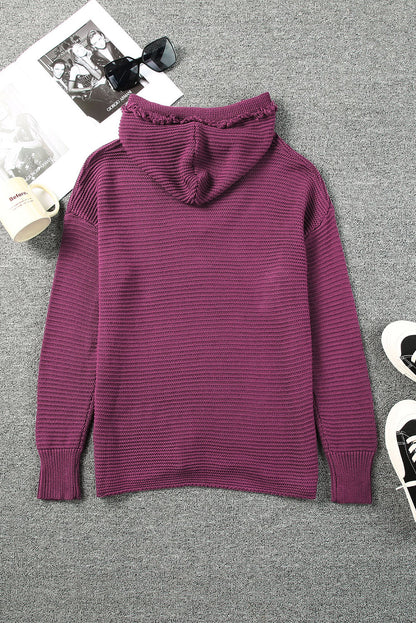 Black Split V Neck Pullover Knit Hooded Sweater