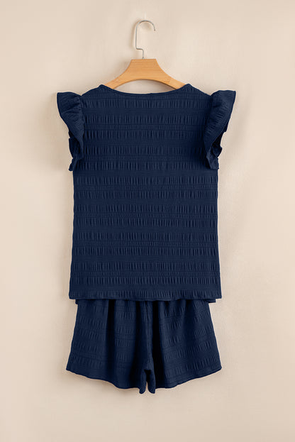 Dirty Blue Textured Ruffle Top and Shirred High Waist Shorts Set