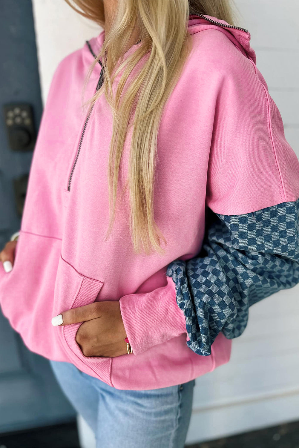 Parchment Checkered Patchwork Kangaroo Pocket Half Zipper Hoodie