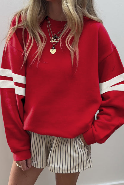 Coffee Preppy Striped Sleeve Loose Sweatshirt