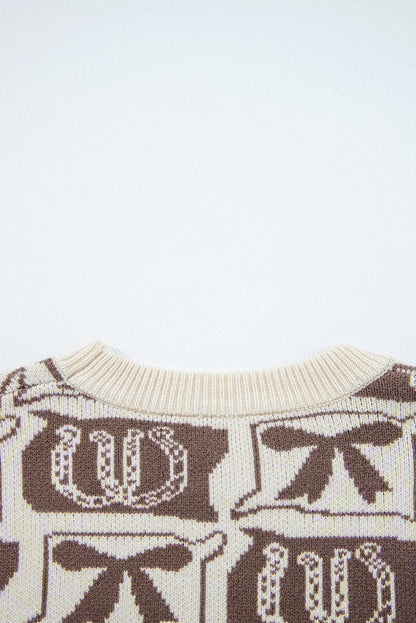 Brown Colorblock Bow Pattern Drop Sleeve Sweater