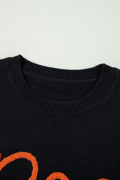 Black Halloween Boo Drop Shoulder Knit Sweater