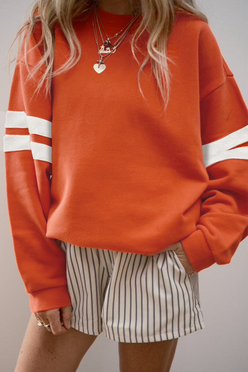 Coffee Preppy Striped Sleeve Loose Sweatshirt