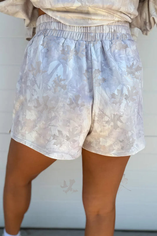 Beige Abstract Maple Leaf Print Long Sleeve Top Elastic Waist Shorts Set