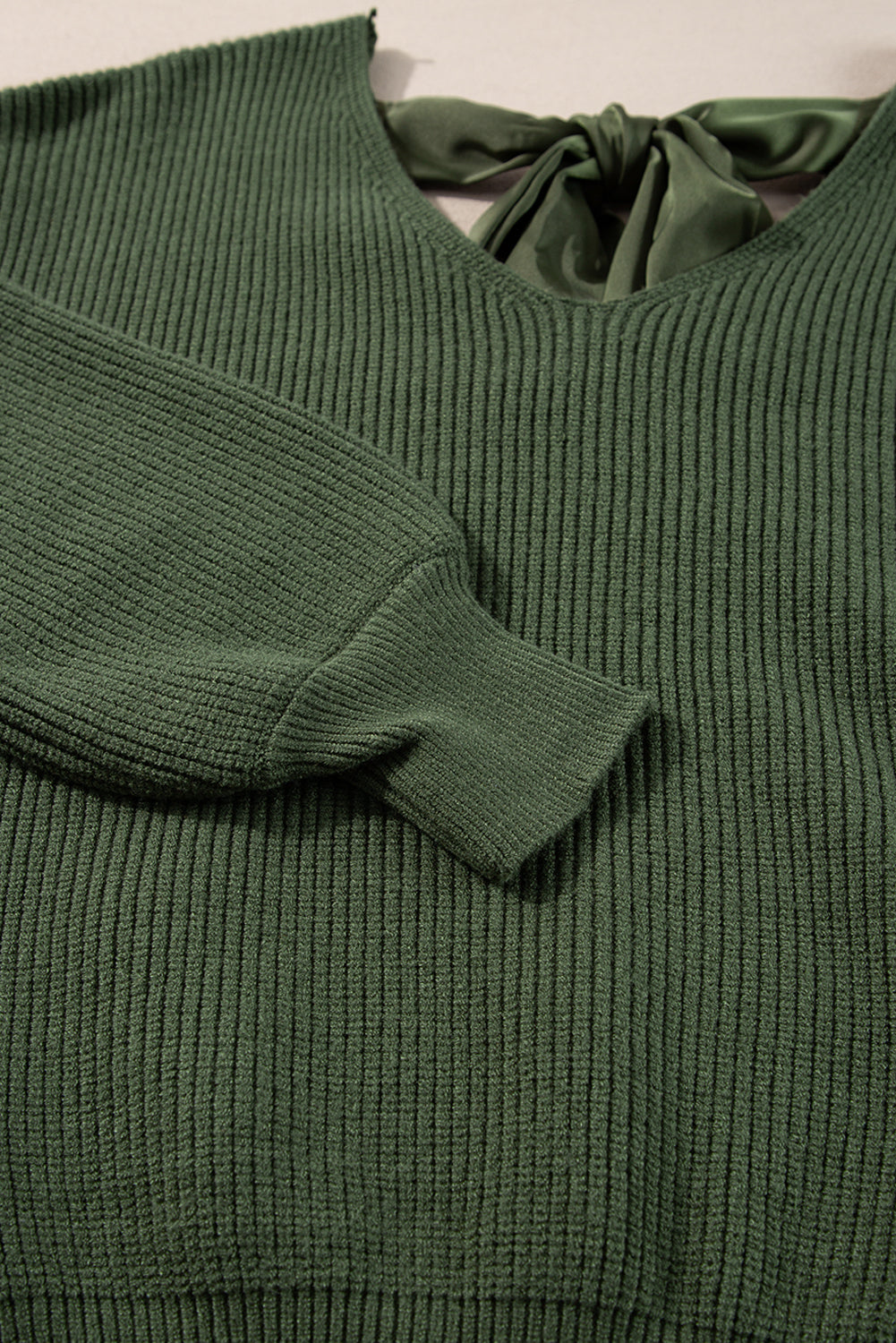 Racing Red Lantern Sleeve V Neck Knot Back Sweater
