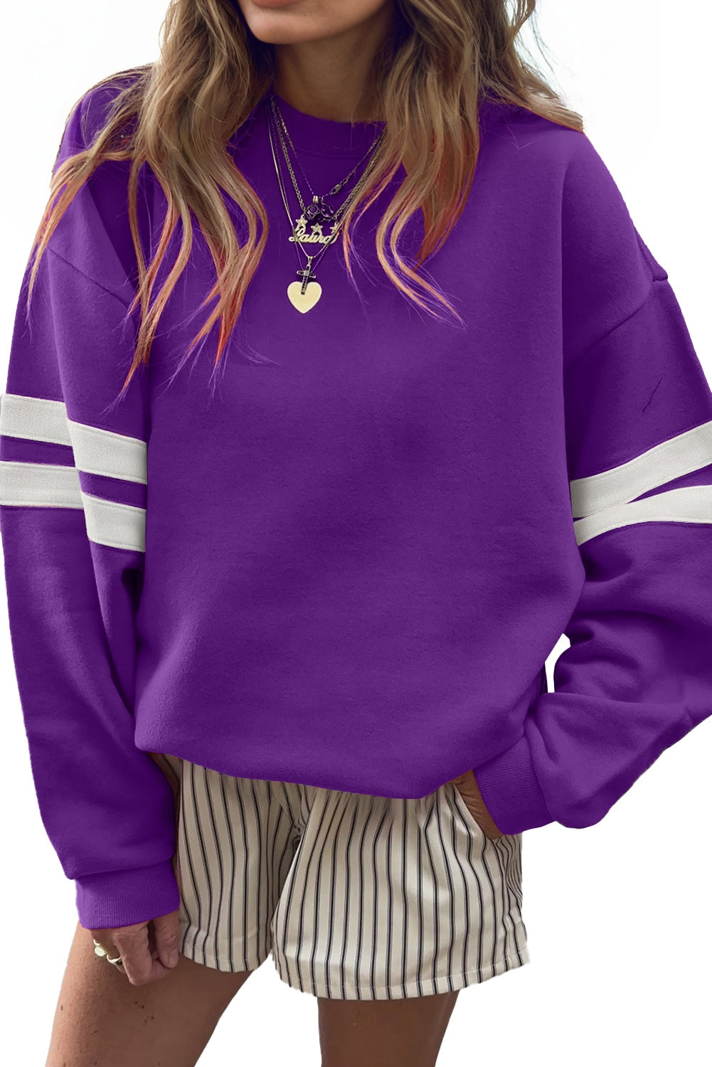 Coffee Preppy Striped Sleeve Loose Sweatshirt