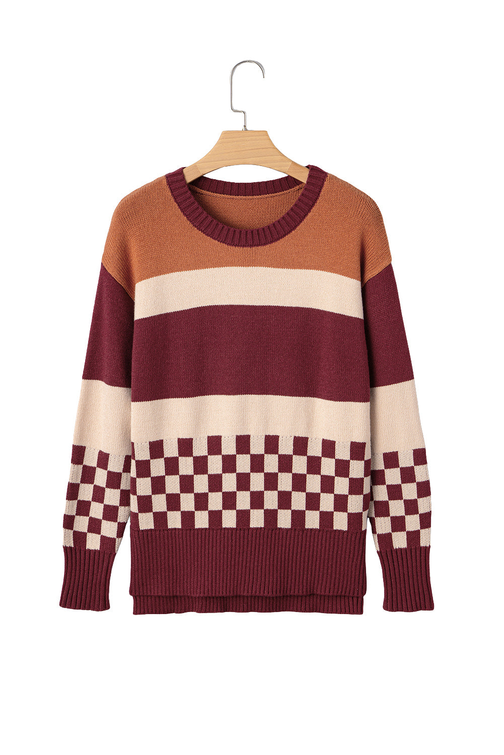 Brown Checkered Colorblock Knitted Drop Shoulder Sweater