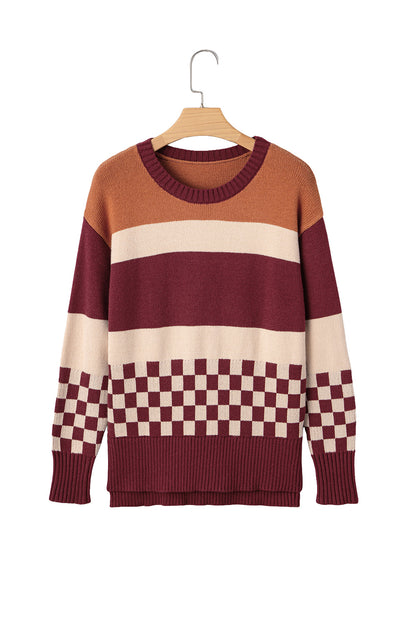 Brown Checkered Colorblock Knitted Drop Shoulder Sweater