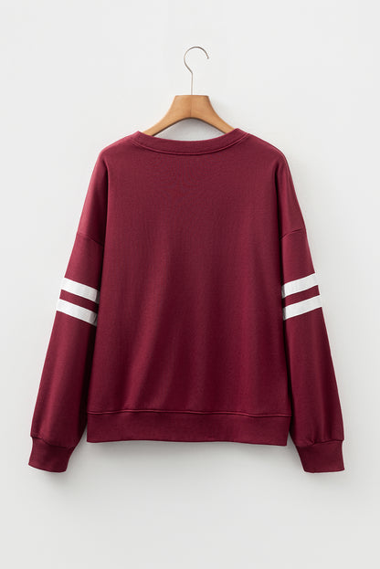 Coffee Preppy Striped Sleeve Loose Sweatshirt