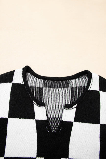 Green Checked Notched Neckline Drop Shoulder Knit Sweater