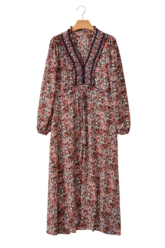 Brown Floral Print Frill V Neck Split Midi Dress
