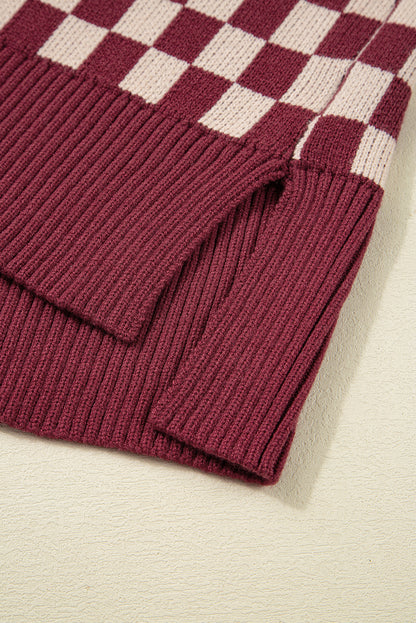 Brown Checkered Colorblock Knitted Drop Shoulder Sweater