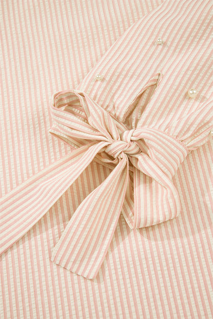 Pink Striped Pearl Beaded Knot Cuffs Blouse