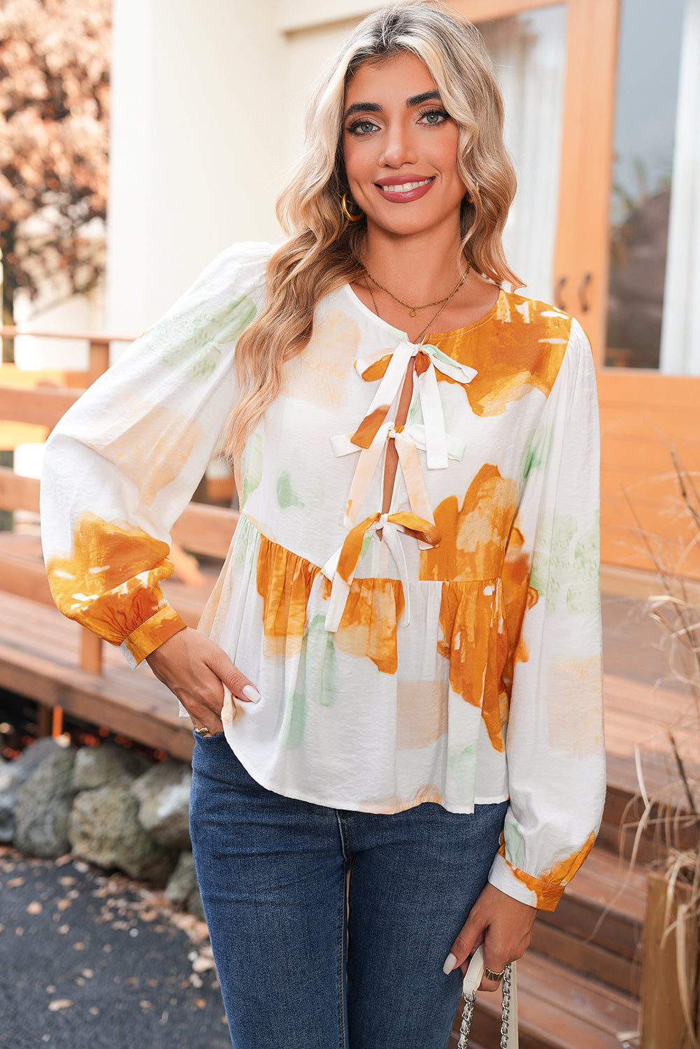 Carrot Abstract Print Bubble Sleeve Bow Front Top