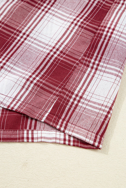 Red Retro Plaid Long Sleeve Shirt Drawstring Shorts 2pcs Lounge Set