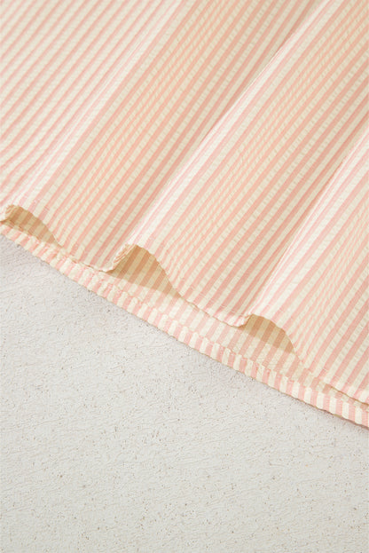 Pink Striped Pearl Beaded Knot Cuffs Blouse